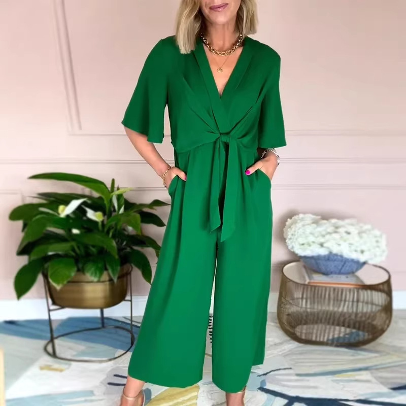 Women's Solid V-Neck Tie Short Sleeve Jumpsuit