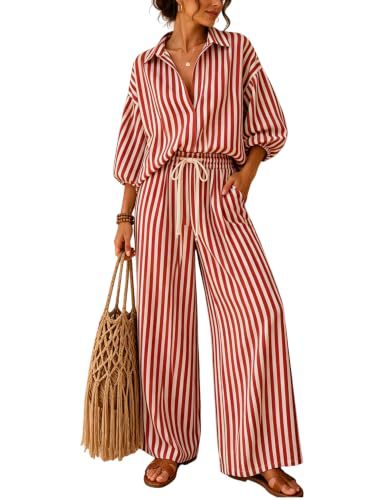 Striped Collared Lantern-Sleeve Shirt & Wide-Leg Pants Two-Piece Set