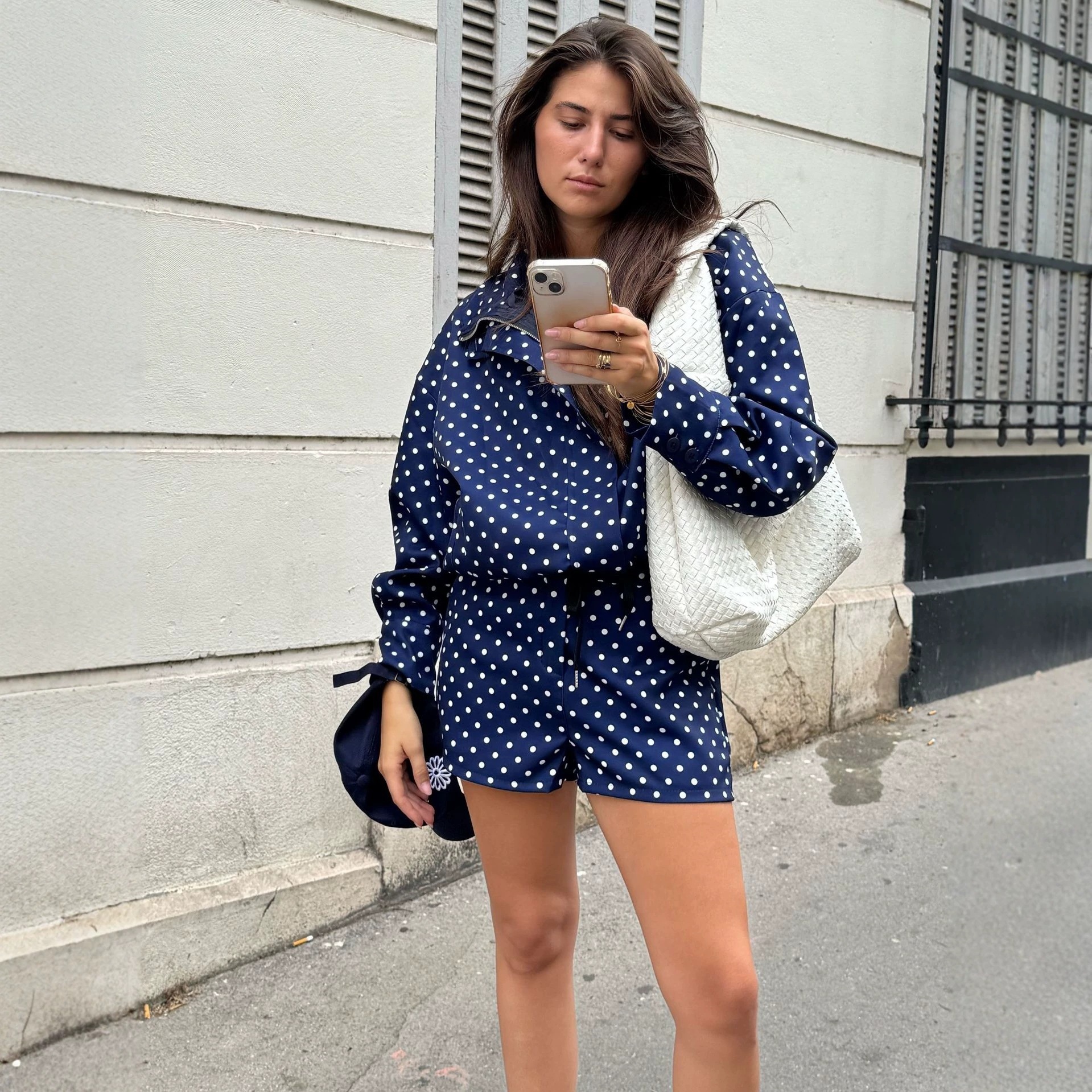 Women's Polka Dot Colorblock Zip Jacket and Tie Shorts Set