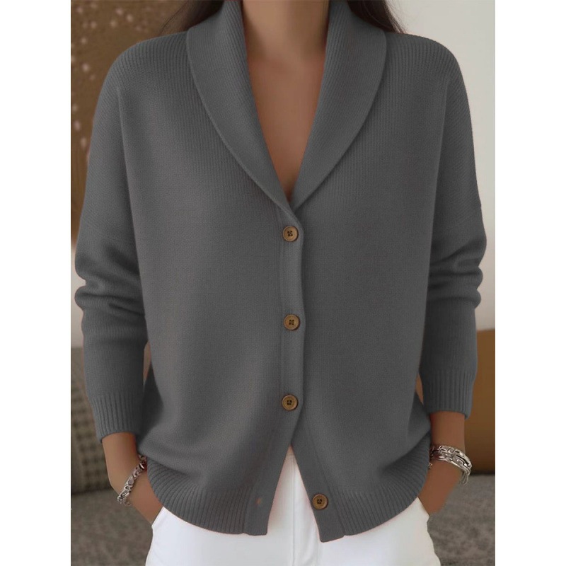 Women's Soft Knit Cardigan Loose Lazy Style Collared Button-Down Long Sleeve Solid Color