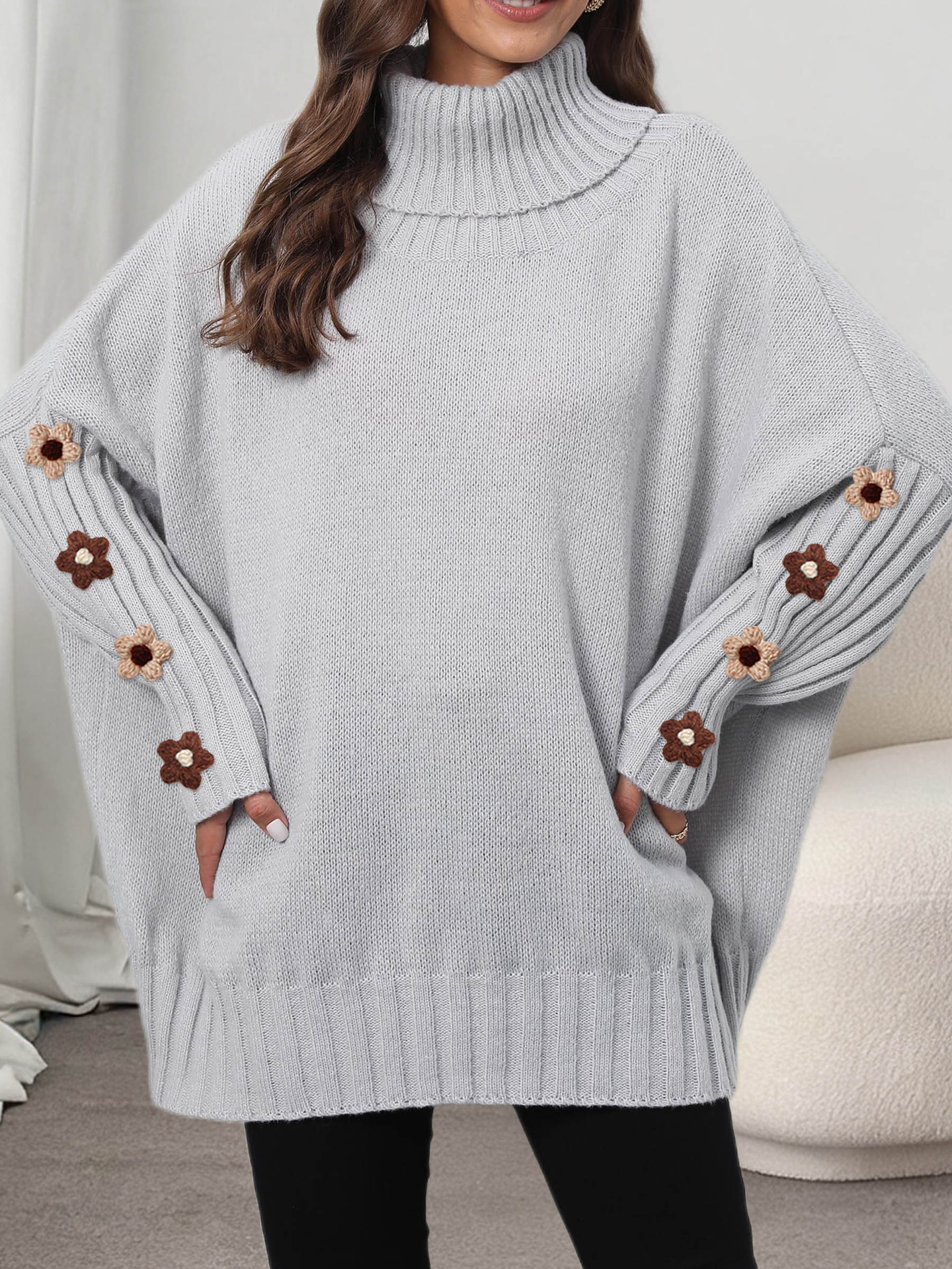 Women's Knit Turtleneck Sweater Solid Color Loose Fit Pullover Top