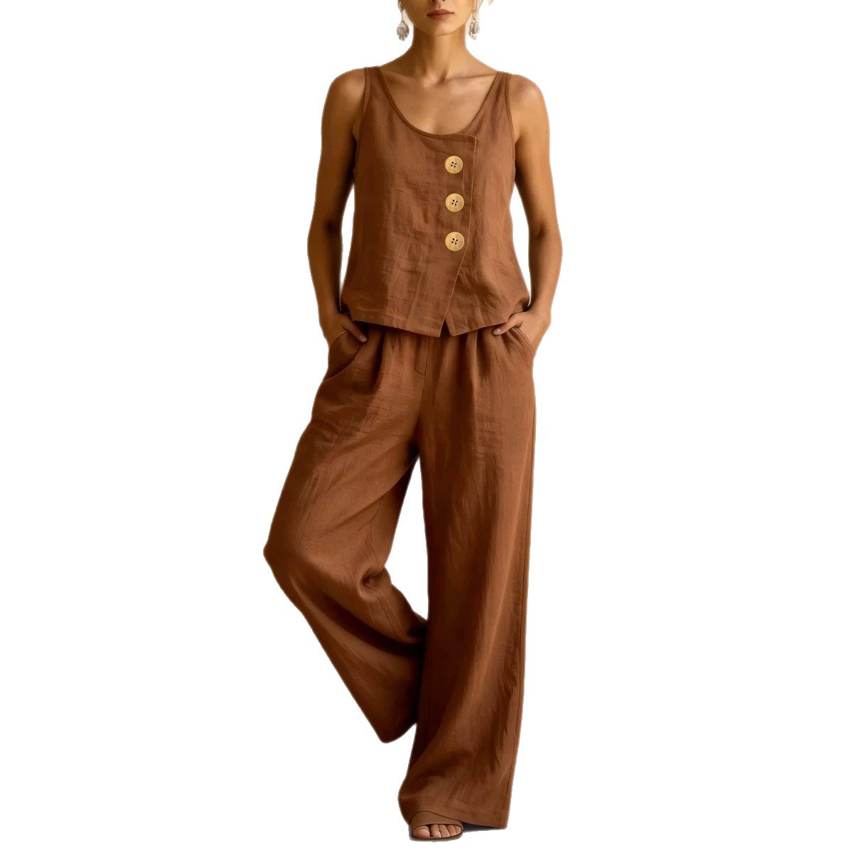 Women's Sleeveless Vest & Wide-Leg Pants Cotton-Linen Two-Piece Set