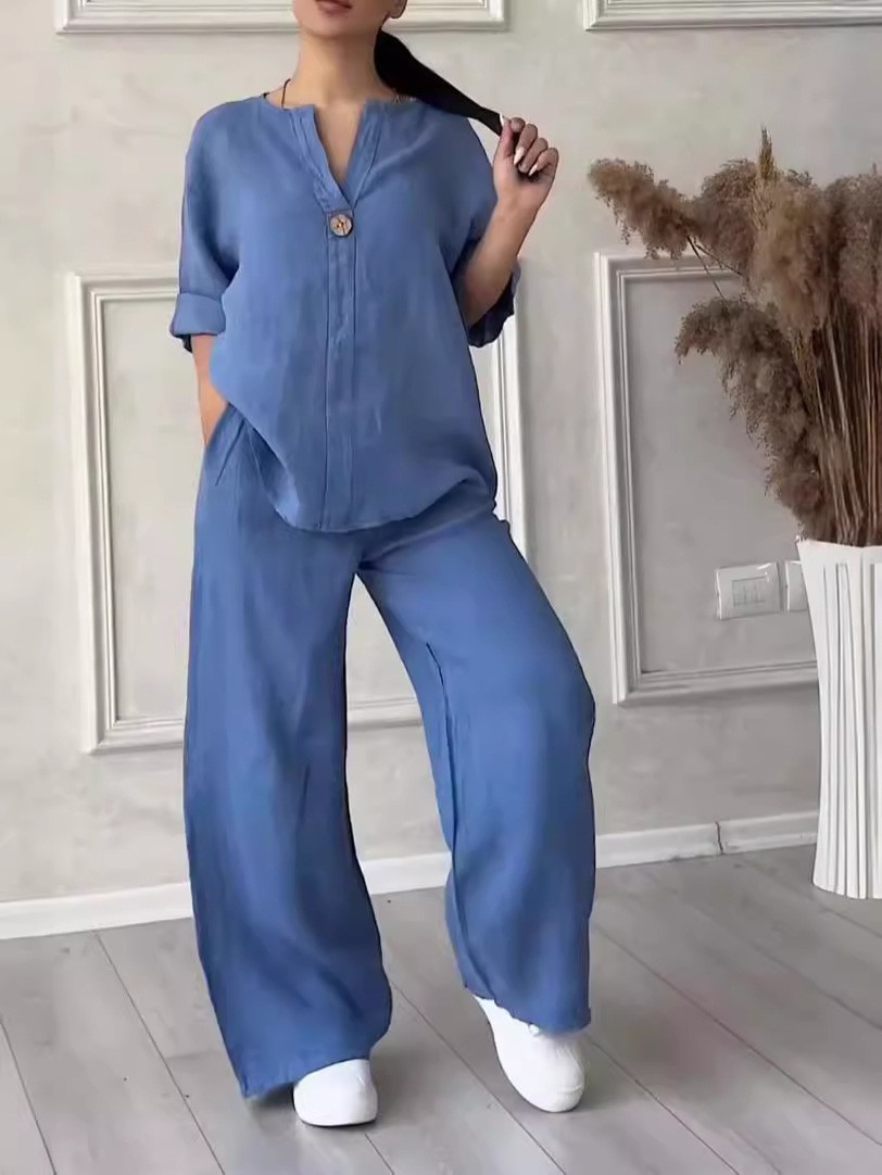 Women's Cotton-Linen Loose Top & Wide-Leg Pants Casual Set