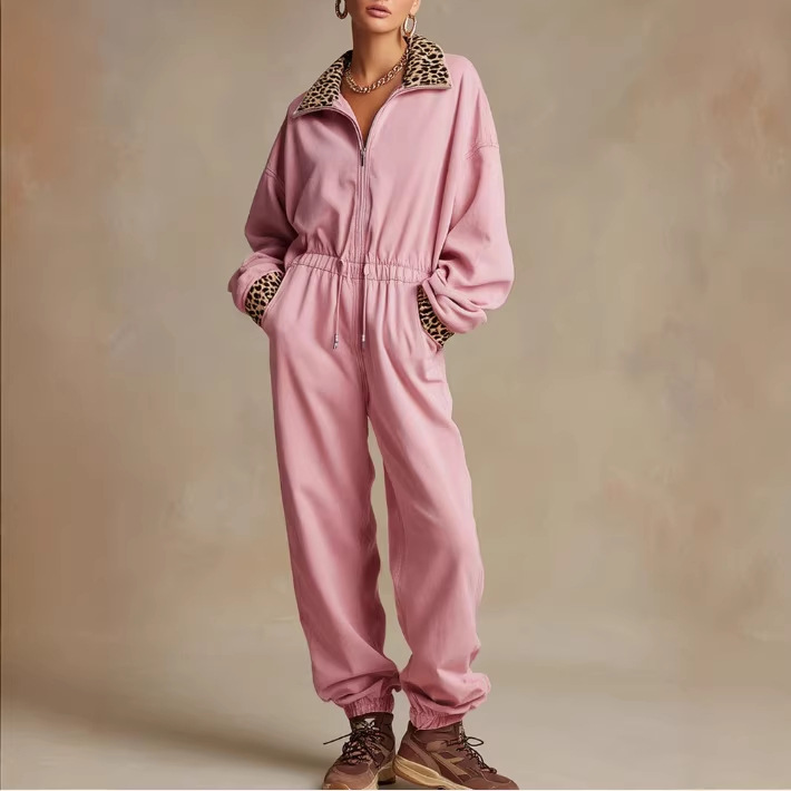 Pink Leopard Print Long Sleeve Jumpsuit