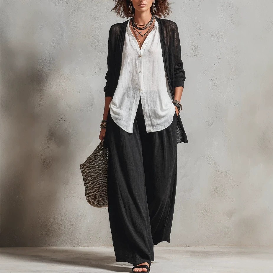 Minimalist Layered Vest Cardigan and Wide-Leg Pants Three-Piece Set