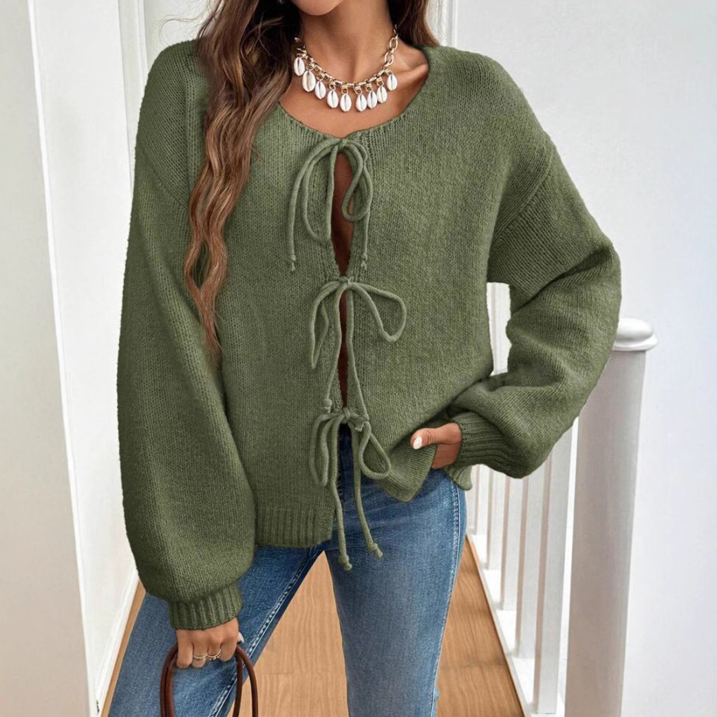 Women's Casual Loose Tie-Front Solid Knit Cardigan Sweater
