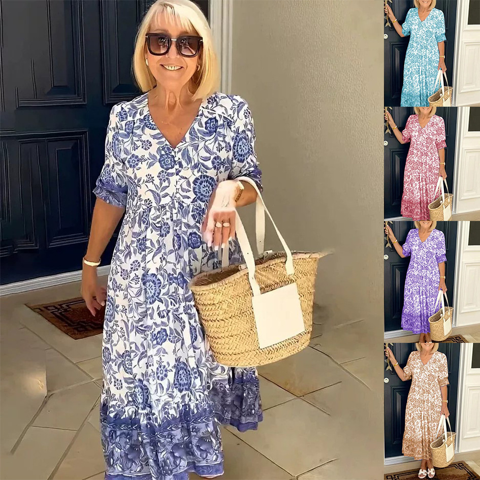 Floral Tie-Dye Print Midi Dress with V-Neck and Half Sleeves