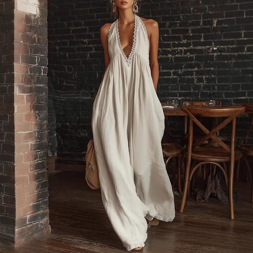 Women's Halter Deep V Lace Panel Loose Linen Jumpsuit
