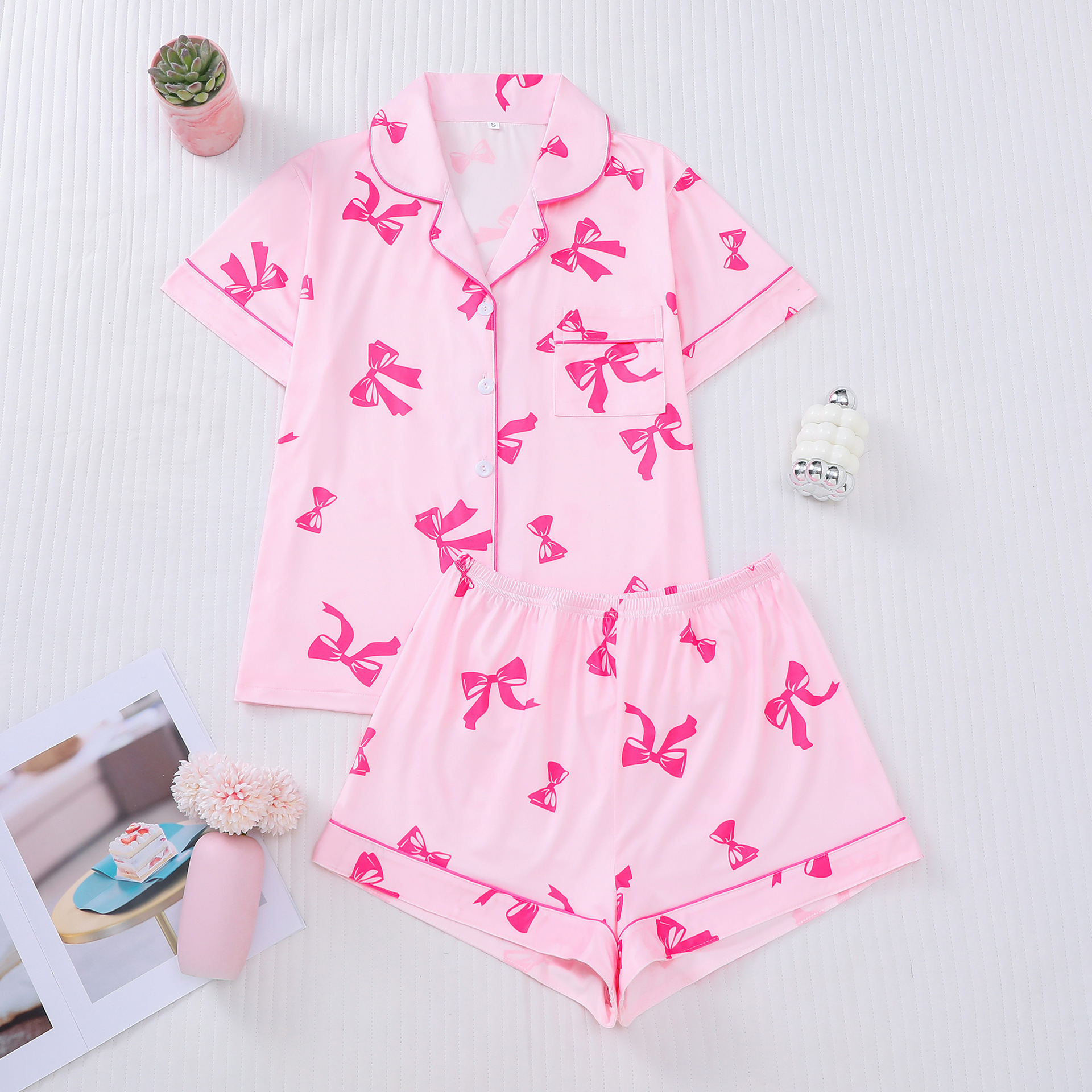 Women's Cuban Collar Bow Print Short Sleeve Shirt Set