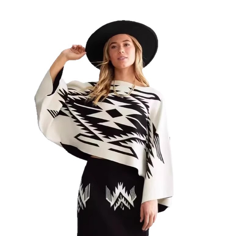 Women's Loose Knit Batwing Top with Print
