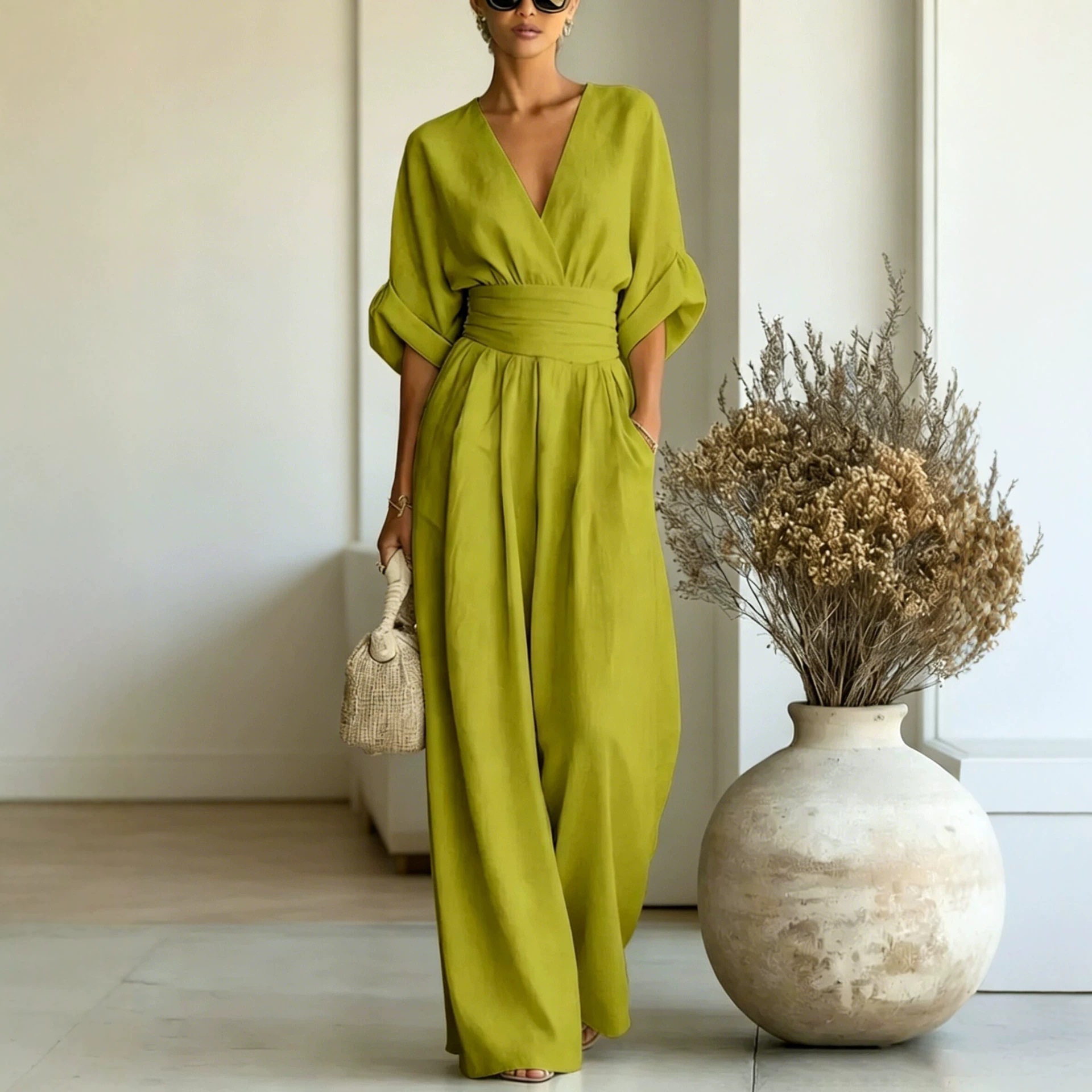 V-Neck Cinched Waist Rolled Sleeve Wide-Leg Jumpsuit