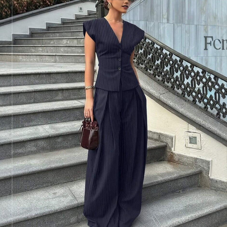 V-Neck Sleeveless Wide-Leg Pants Set Slimming Waist Office Casual