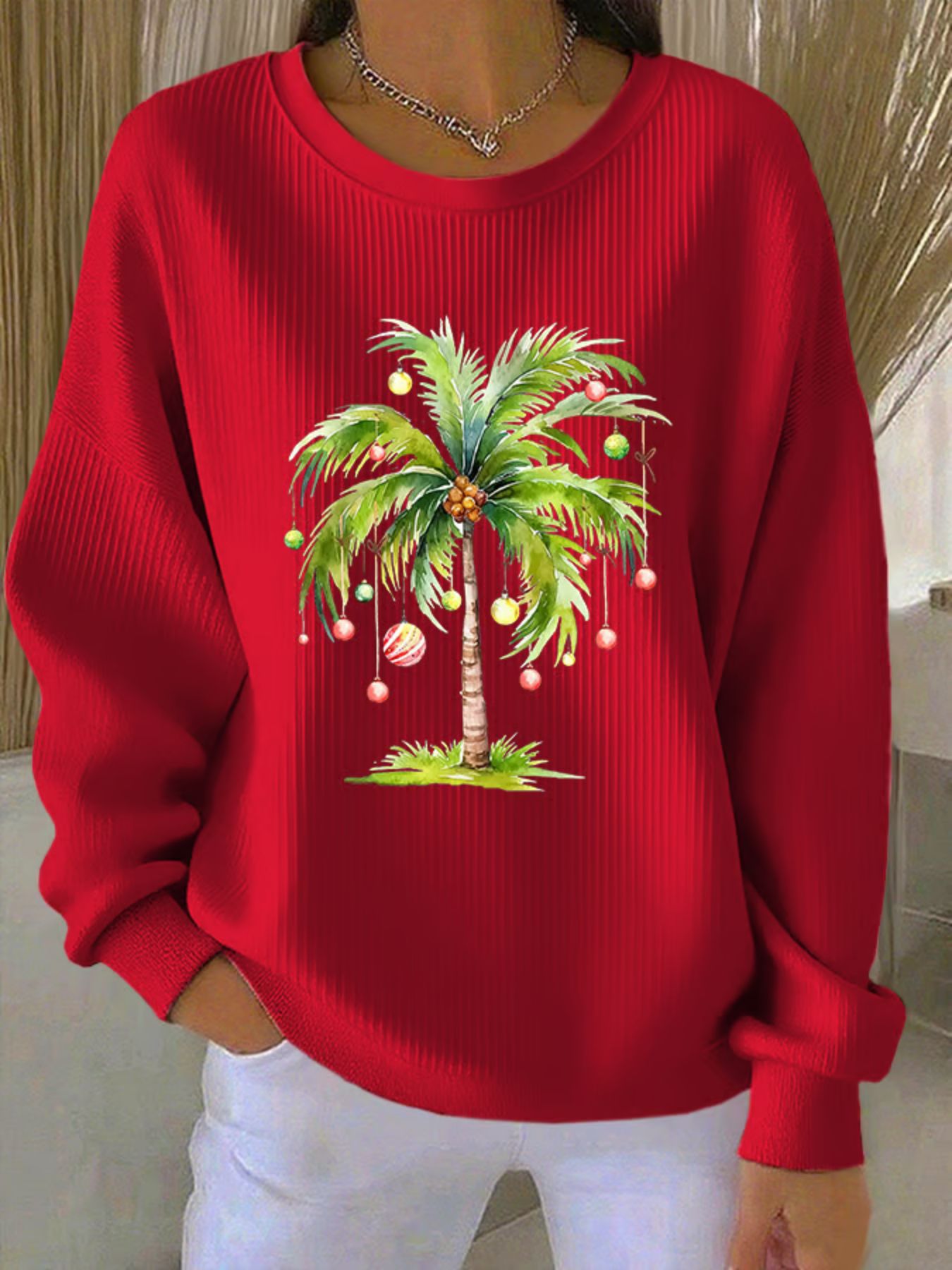 Christmas Print Crewneck Long Sleeve Pullover Sweatshirt