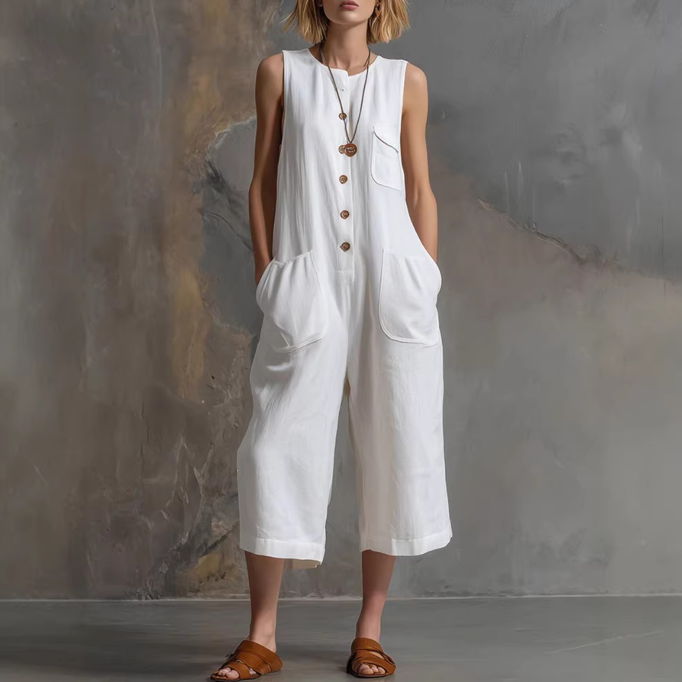 Women's Sleeveless Solid Color Cropped Jumpsuit Casual Relaxed Fit