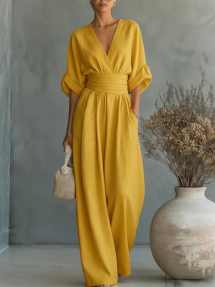 Elegant V-Neck Waist-Cinching Jumpsuit