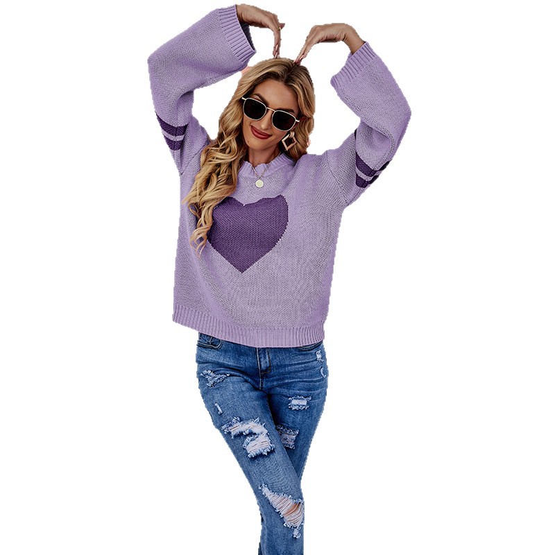 Color-Block Heart Crewneck Knit Sweater