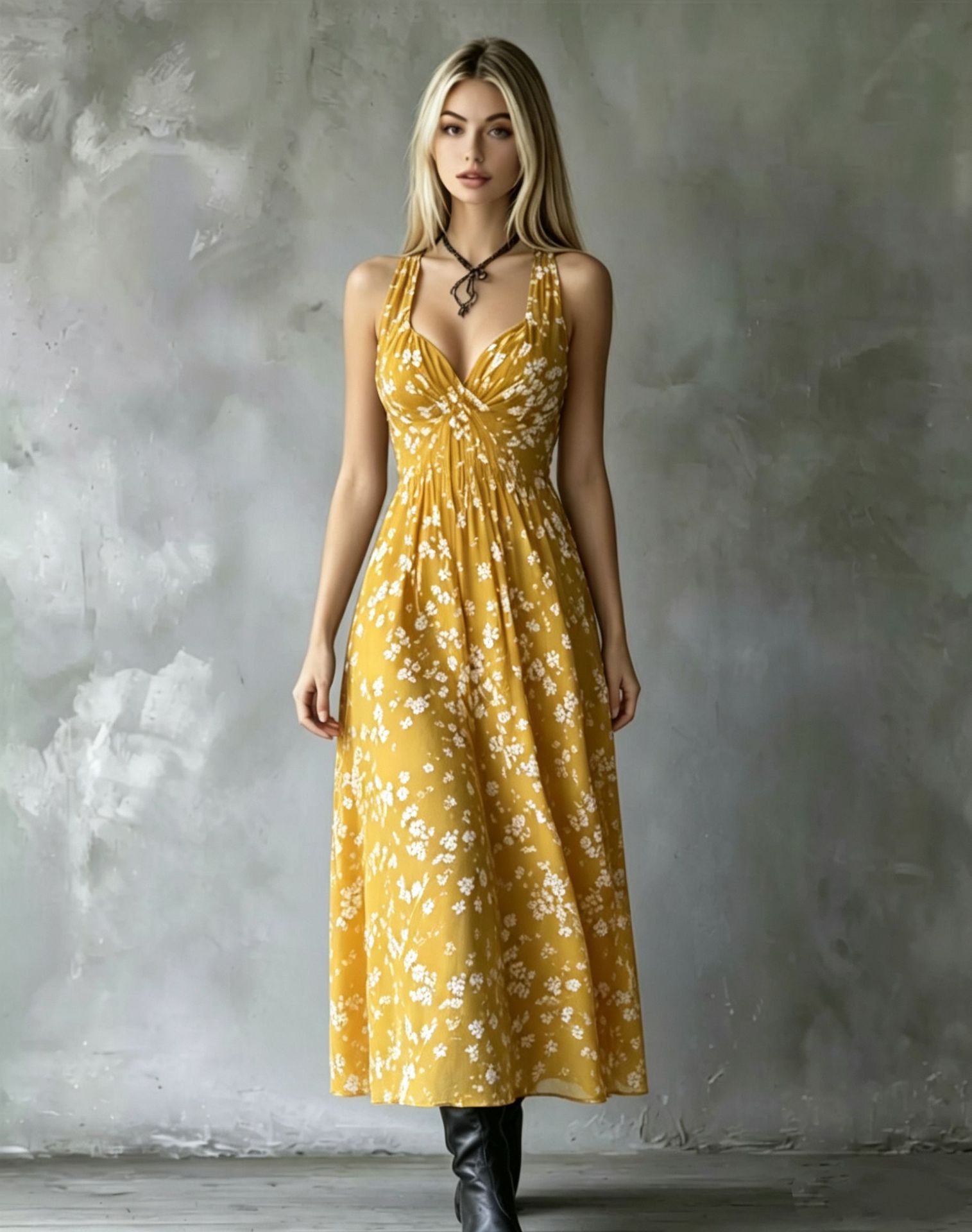 Women's Halter Floral Midi Dress V-Neck Waist-Cinching A-Line Vacation