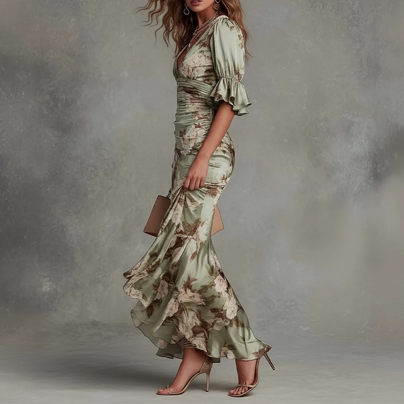 Ruffled Floral Print V-Neck Bodycon Midi Dress