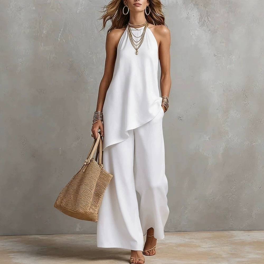 Women's Casual Crewneck Tank Top and Long Pants Solid Color Set