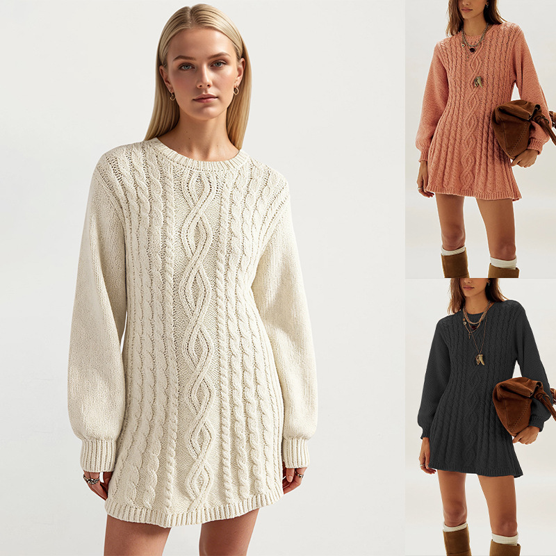Cable-Knit Long-Sleeve Loose Knit Dress