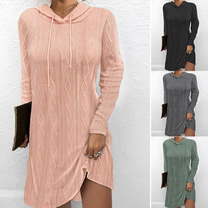 Solid Color Long Sleeve Hooded Knit Sweater Dress