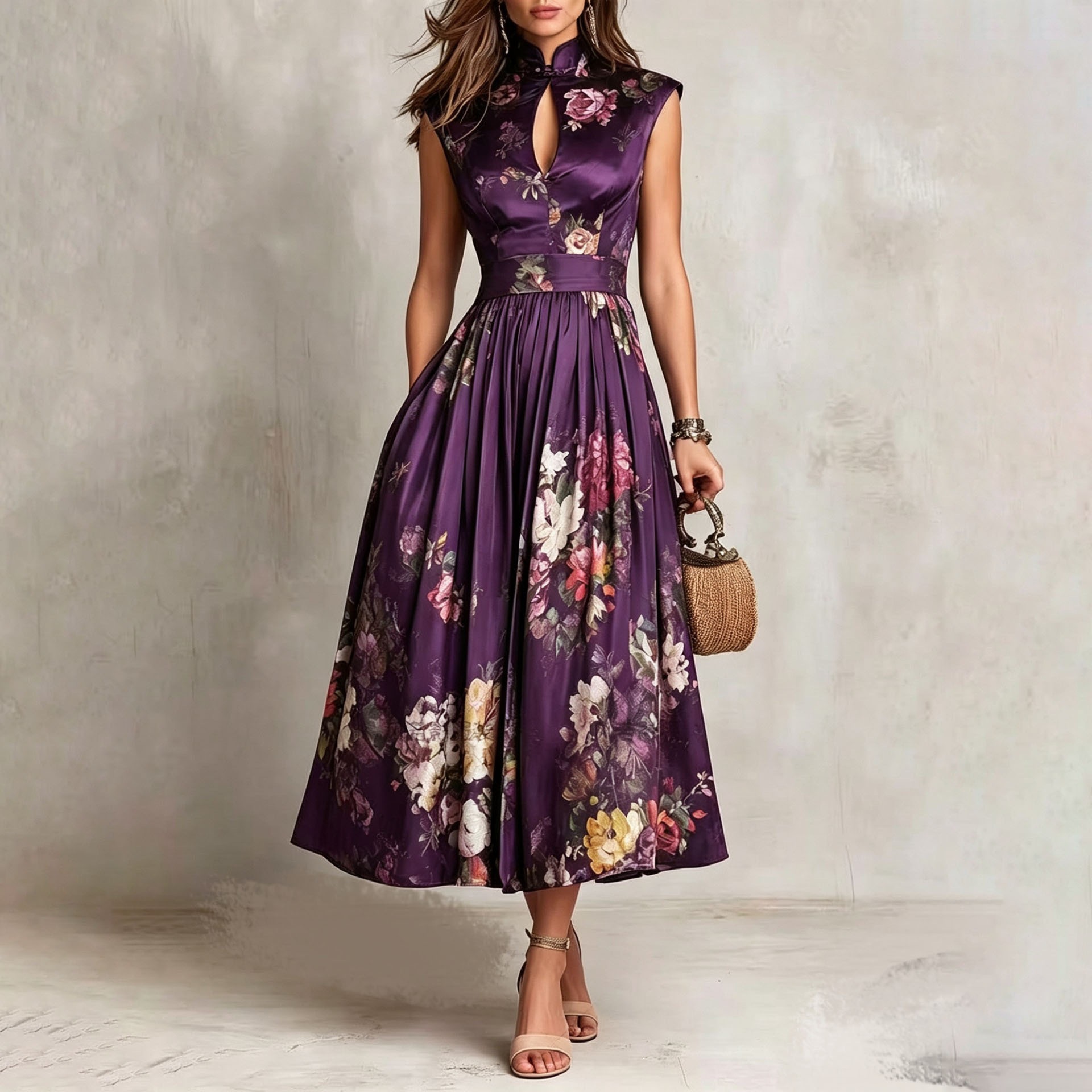 Elegant Printed Qipao-Collar A-Line Maxi Dress