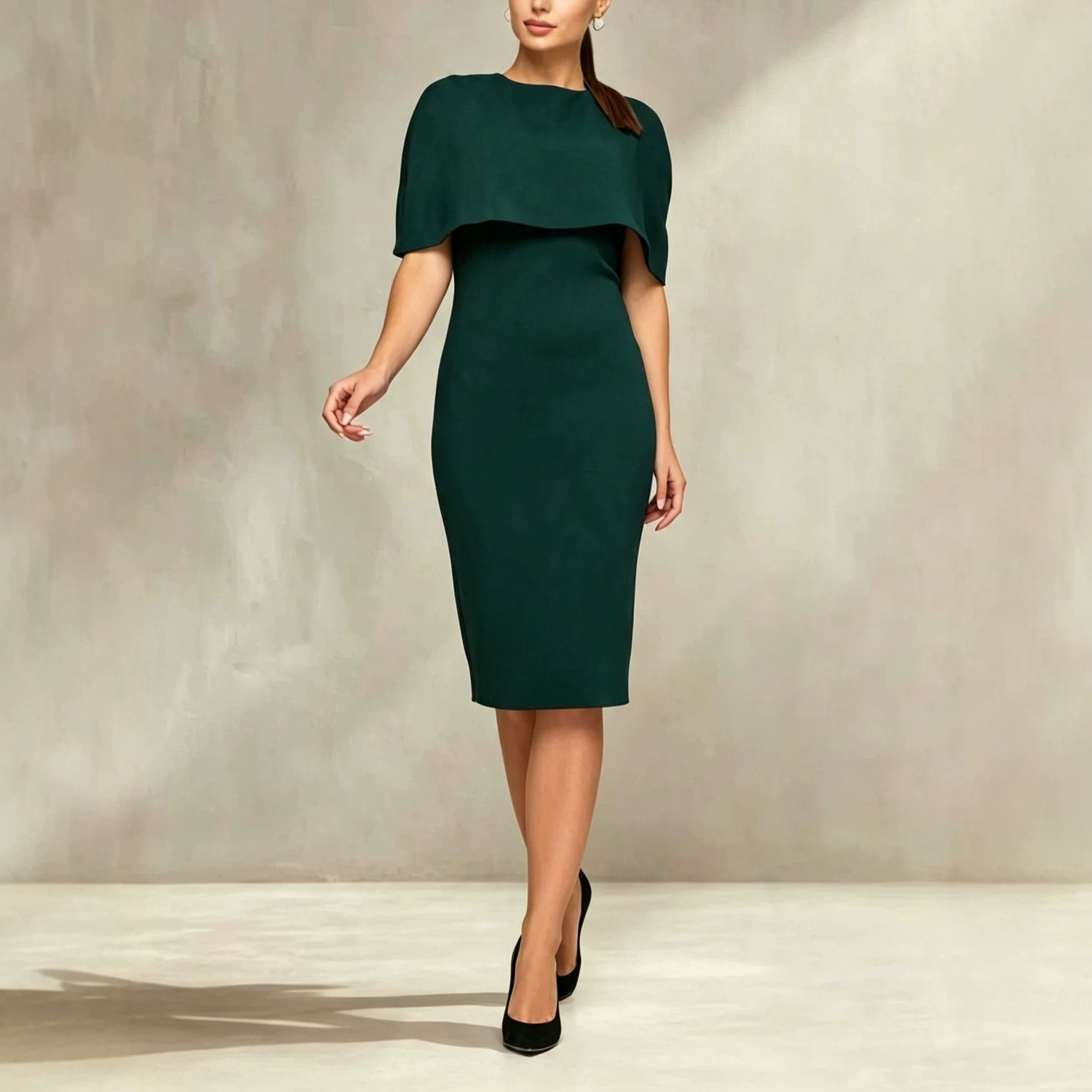 Elegant Cape Cocktail Dress for Wedding Guest, Formal Bodycon Midi Dress