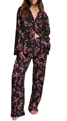 Cuban Collar Bow Ribbon Print Long Sleeve Women's Set