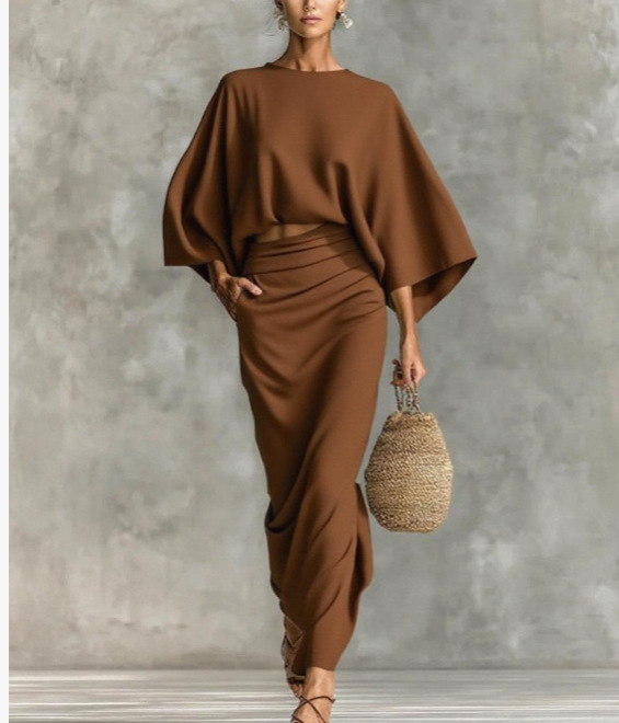 High-Waist Midi Skirt Set with Round-Neck Long-Sleeve Loose Top