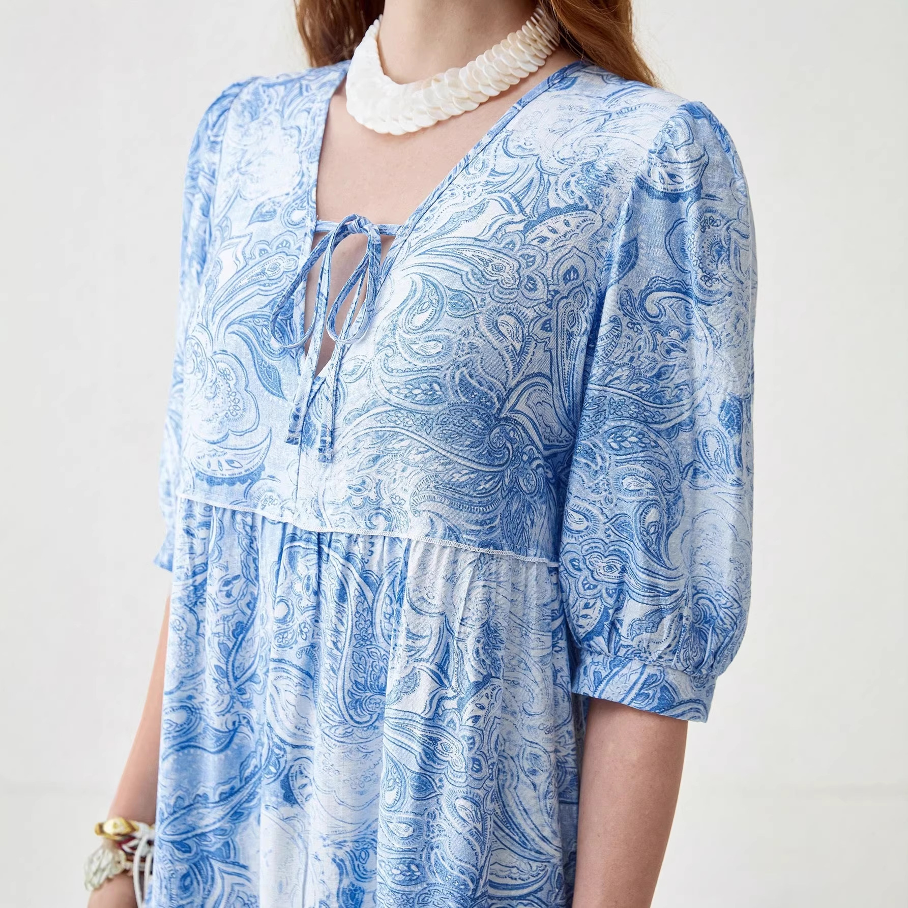 Women's Long Sleeve V-Neck Floral Print Summer Dress