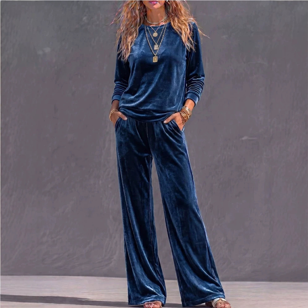 Solid Velvet Crewneck Long-Sleeve Loose Wide-Leg Two-Piece Set