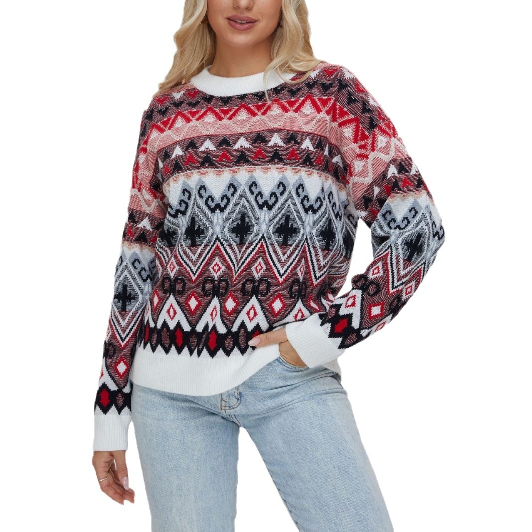 Fair Isle Retro Diamond Geometric Jacquard Knit Sweater Women's Crewneck Long Sleeve