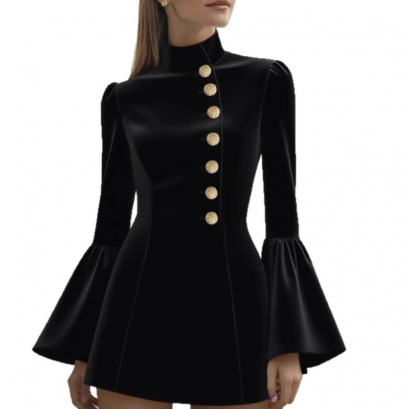 Women's Slim Fit Solid Color Stand Collar Bell Sleeve Blazer Dress