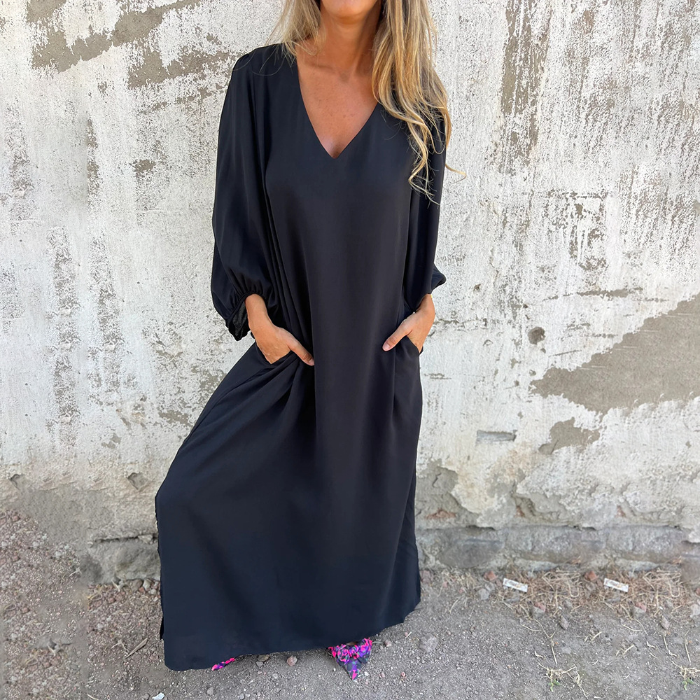 Women's Casual Loose V-Neck Solid Lantern Sleeve Midi Dress