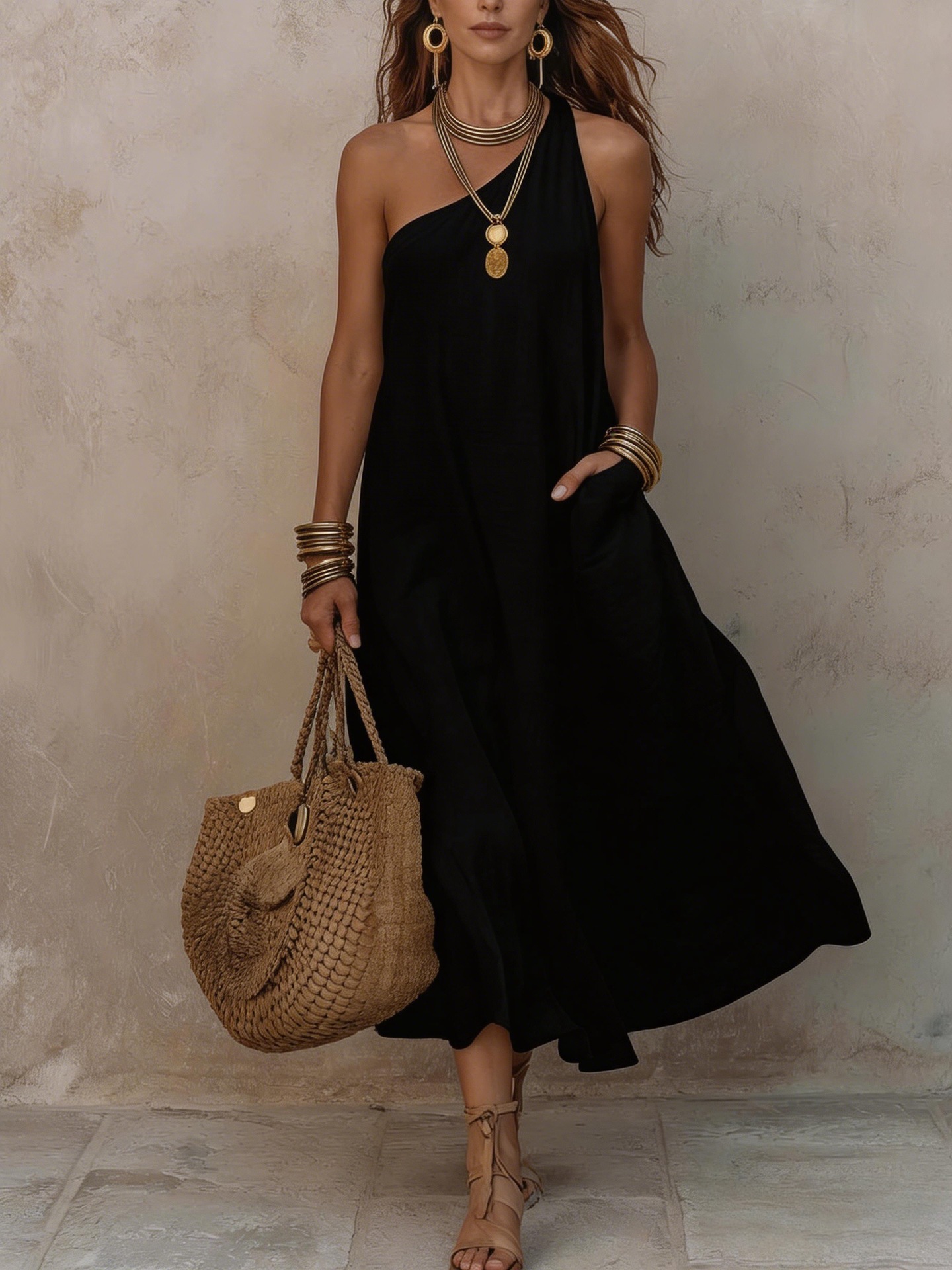 One-Shoulder Solid Color Sleeveless A-Line Maxi Dress