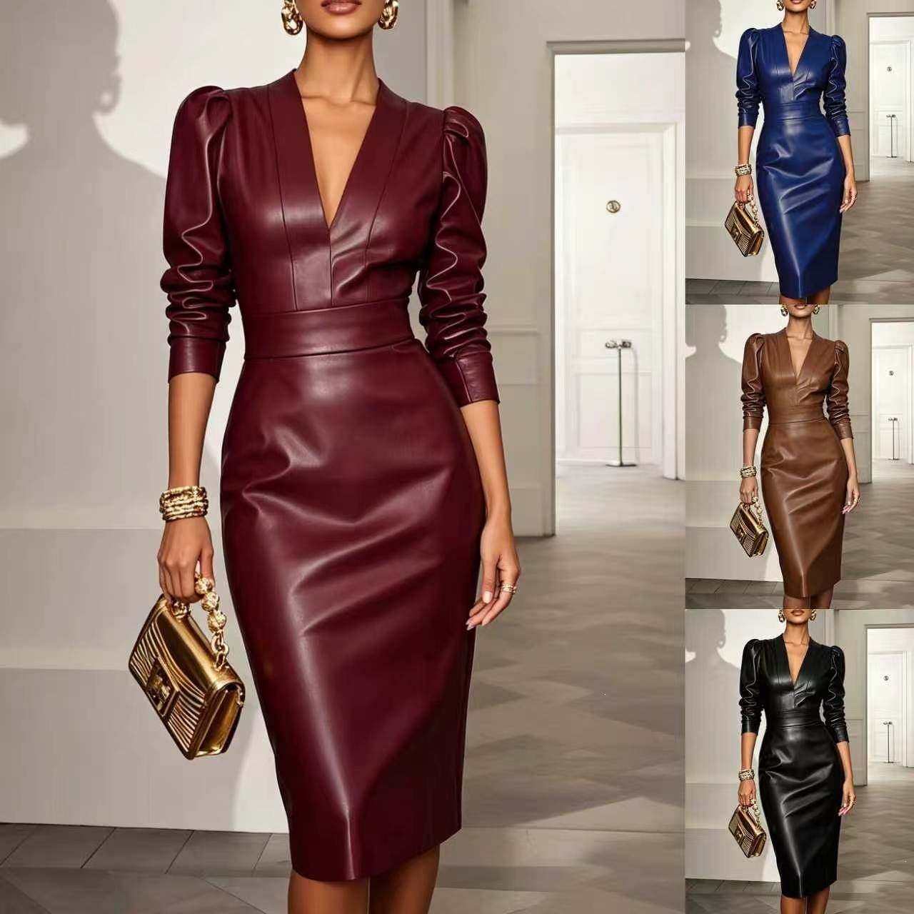V-Neck Faux Leather Bodycon Midi Dress