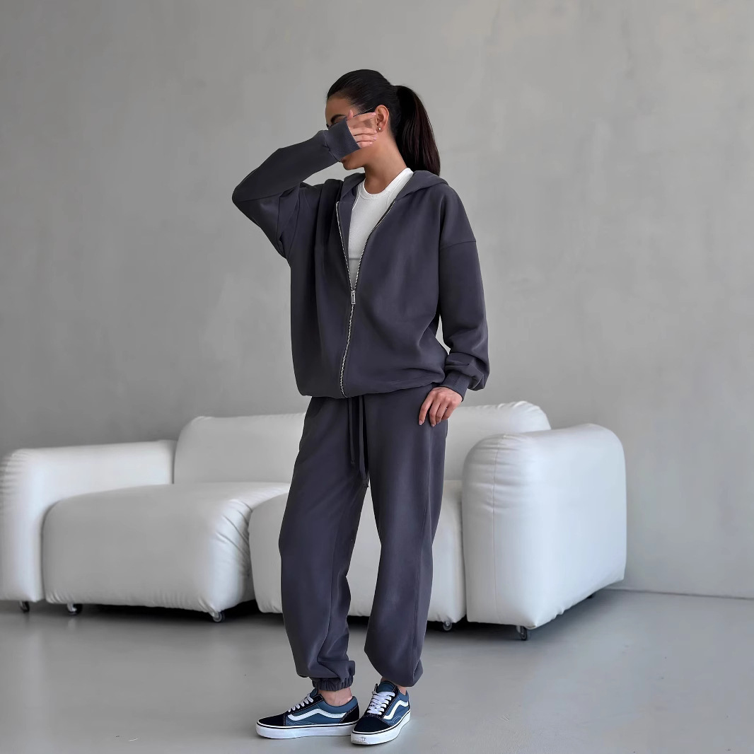 Women's American-Style Zip-Up Hooded Cardigan and Pants Two-Piece Set