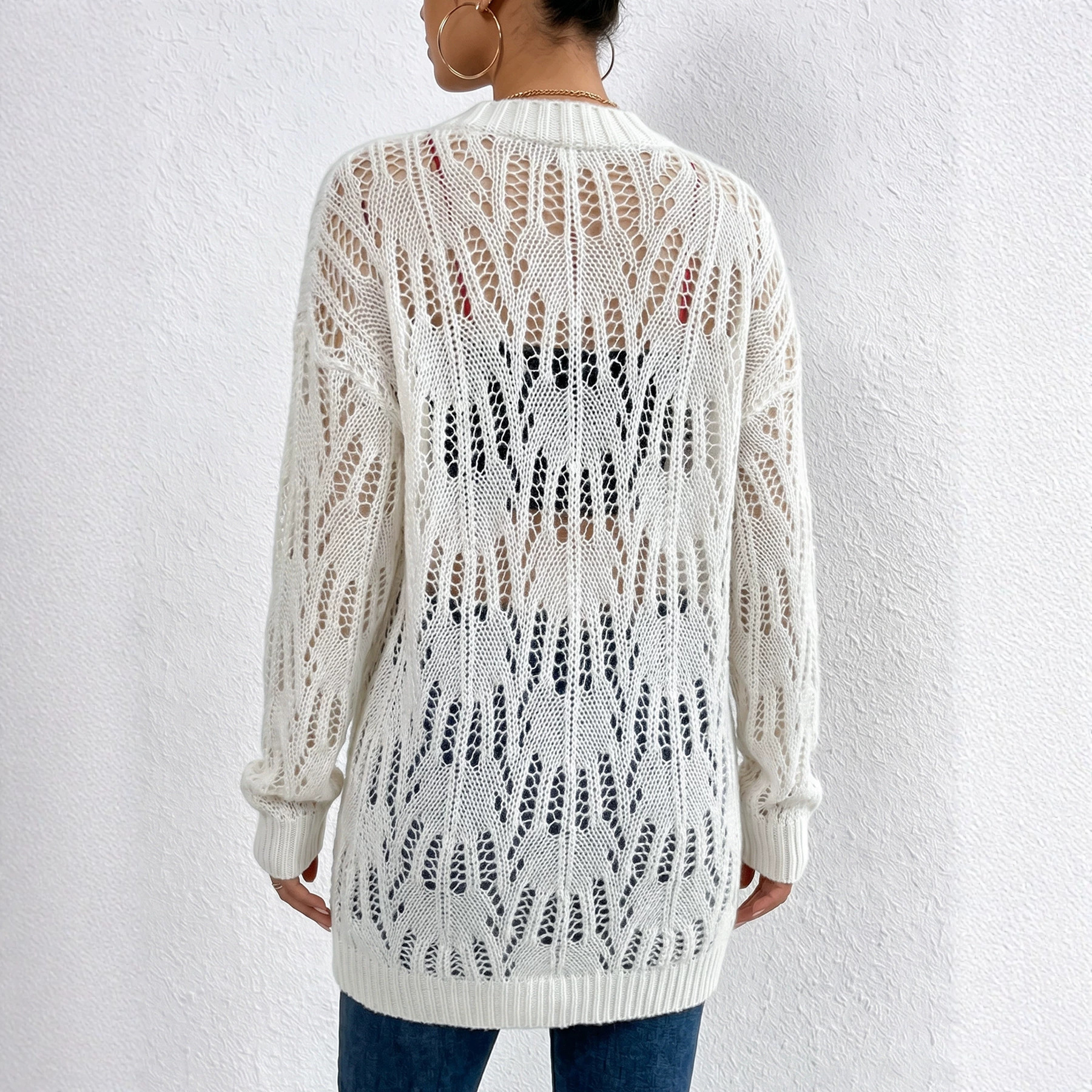 Elegant Open-Knit Cardigan Women's Solid Color Buttonless Mid-Length