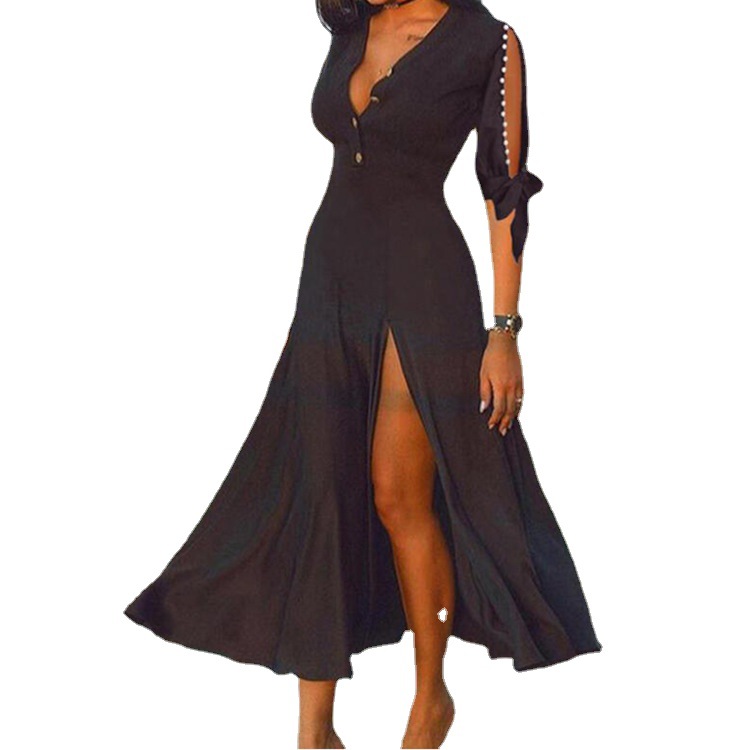 Pearl Half-Sleeve V-Neck Slit Maxi Dress