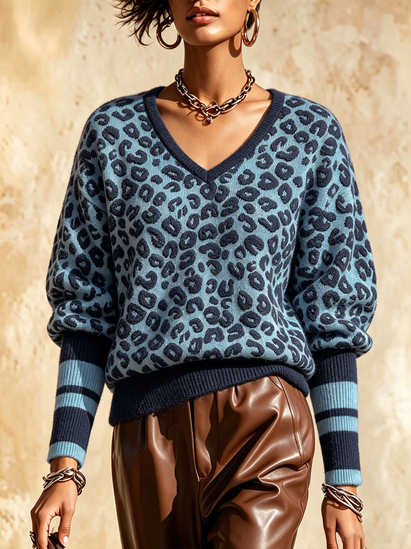 Women's Leopard Jacquard Knit Sweater V-Neck Striped Sleeve Cuffs