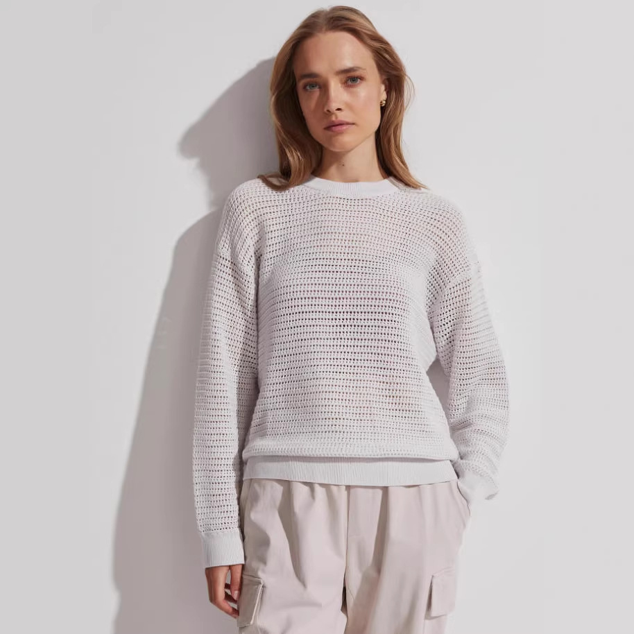 Women's Solid Color Slim Fit Open Knit Long Sleeve Crew Neck Top