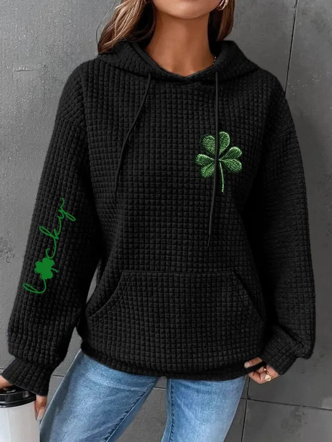 Four-Leaf Clover Waffle Print Women's Casual Hoodie
