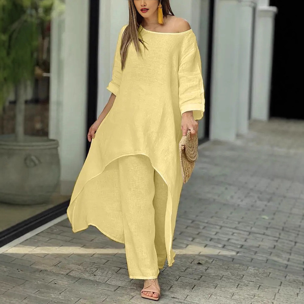 Women's Cotton-Linen Asymmetric Long-Sleeve Wide-Leg Two-Piece Set