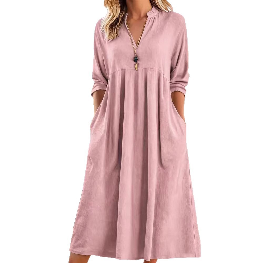 Women's Casual Loose Vintage Cotton Linen V-Neck Pocket Midi Dress