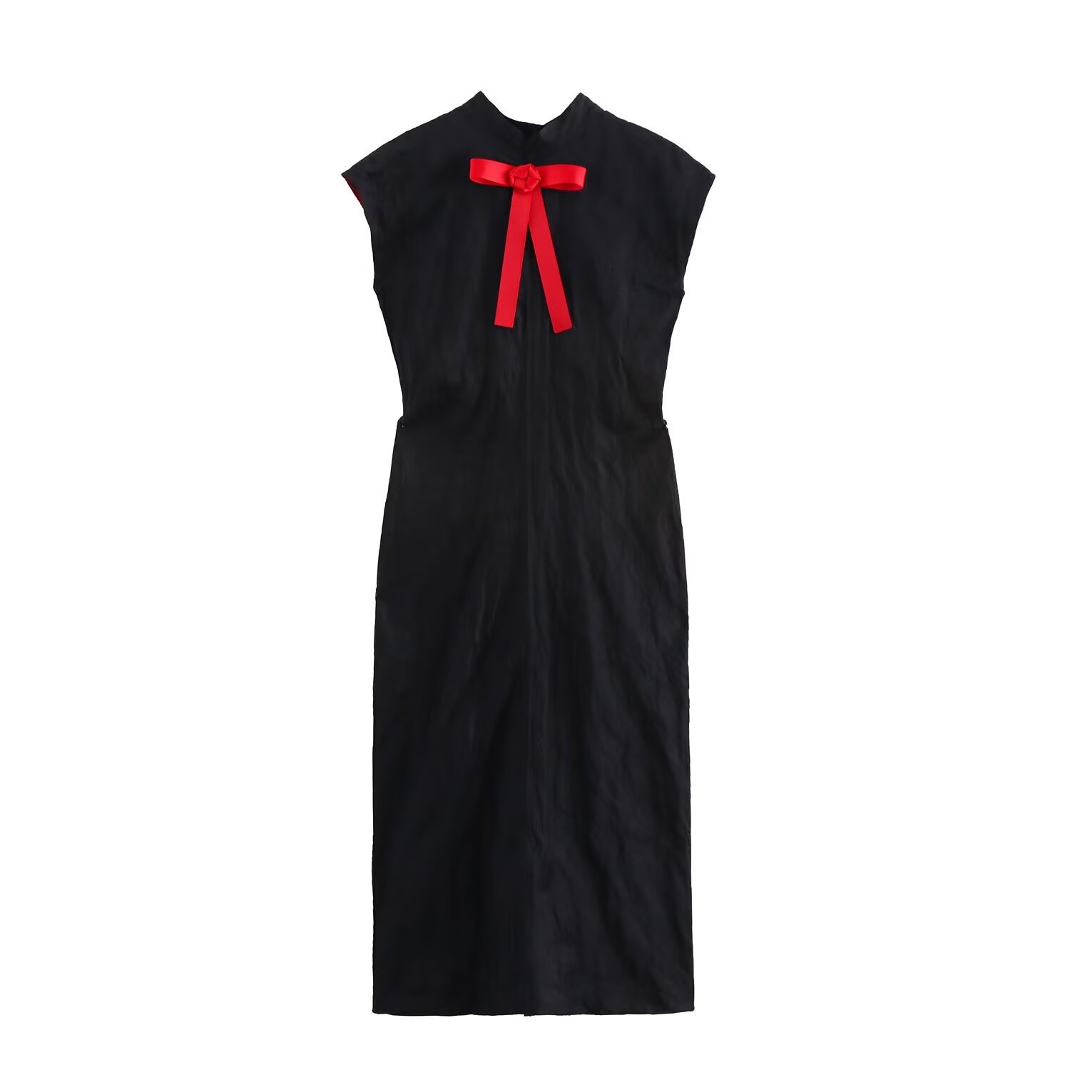 Women's Bow-Accent Wrinkle-Effect Midi Dress Sleeveless Stand Collar