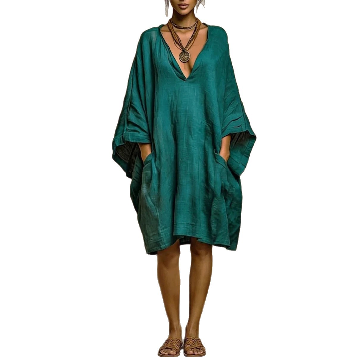 Loose V-Neck Batwing Sleeve Midi Dress with Pockets