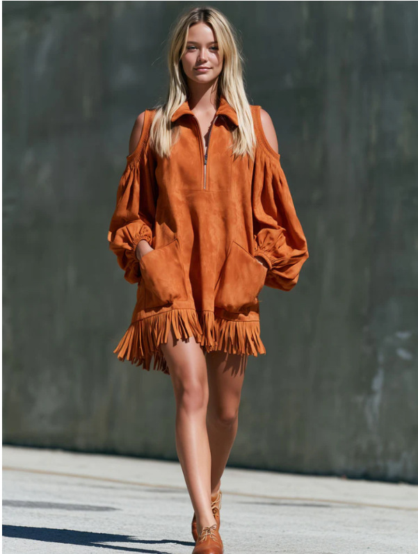 Off-Shoulder Faux Suede Polo Collar Fringe Midi Dress