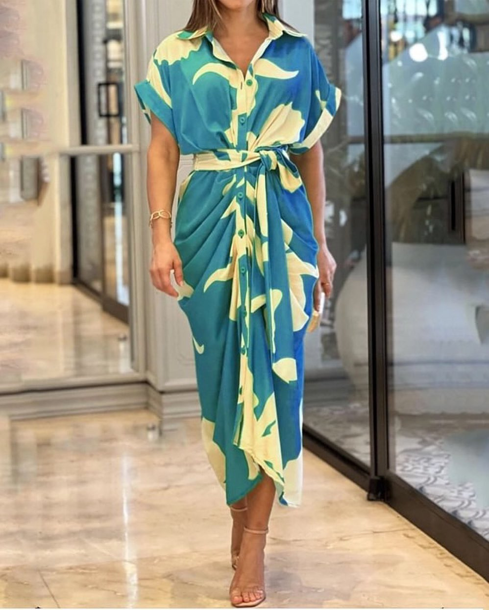 Women's Collared Midi Shirt Dress Short Sleeve Button Front High Waist