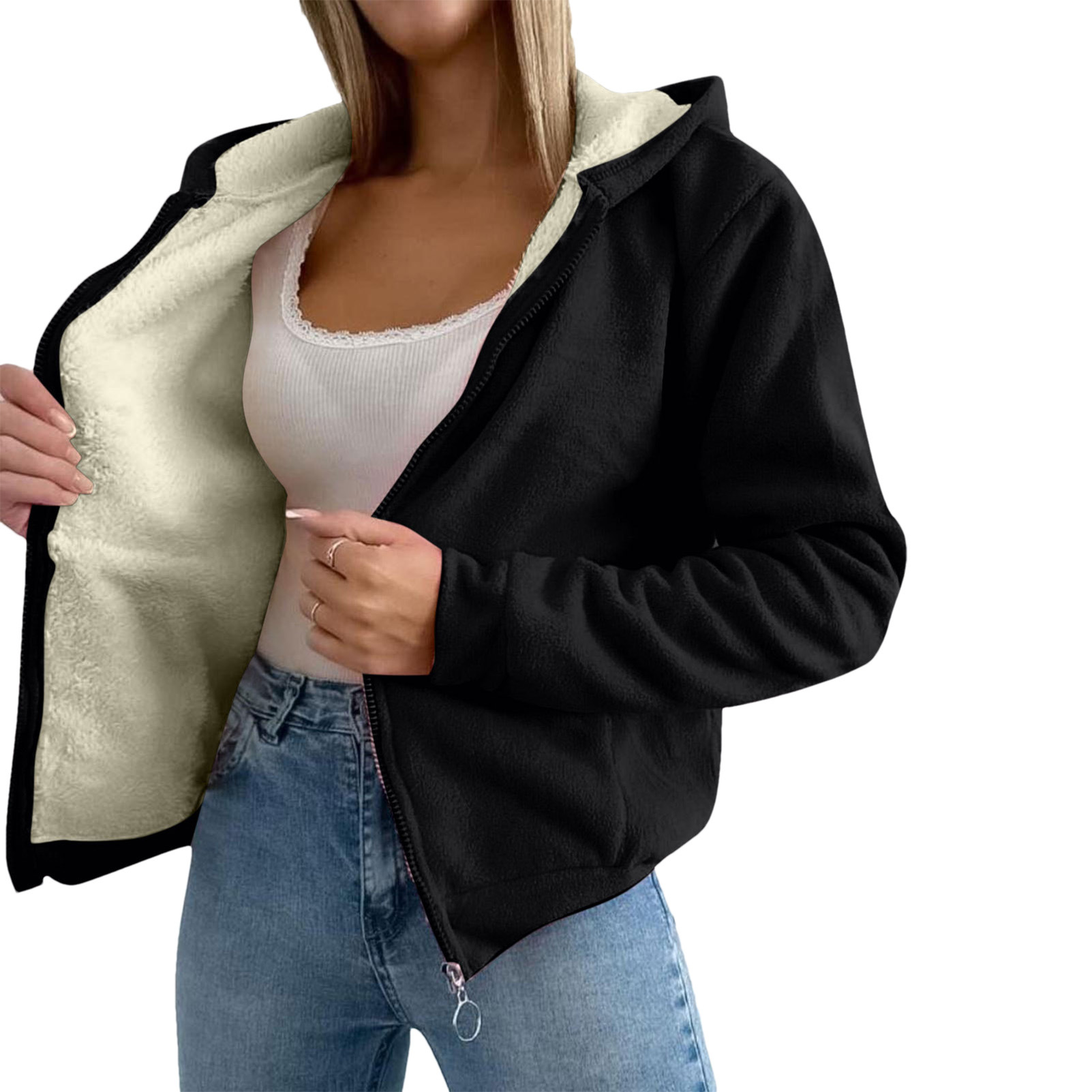 Women's Fleece-Lined Faux Shearling Hooded Zip Jacket