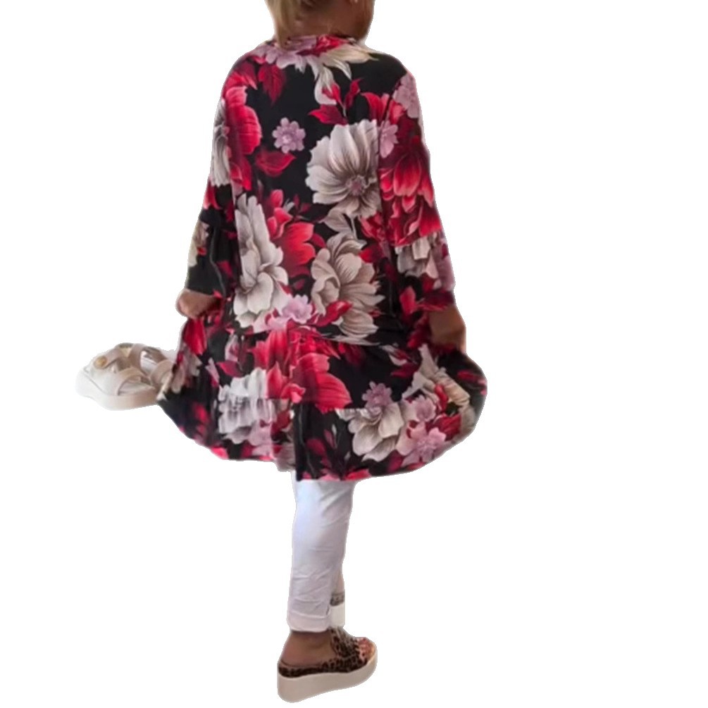 Women's Floral Print Stand Collar Long Sleeve Loose Casual Midi Dress